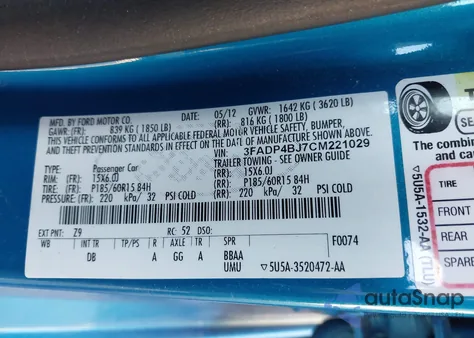 2012 Ford Fiesta Se из США, поврежденный, VIN 3FADP4BJ7CM221029